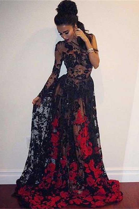 Long Sleeve Black Lace Prom Dress ...